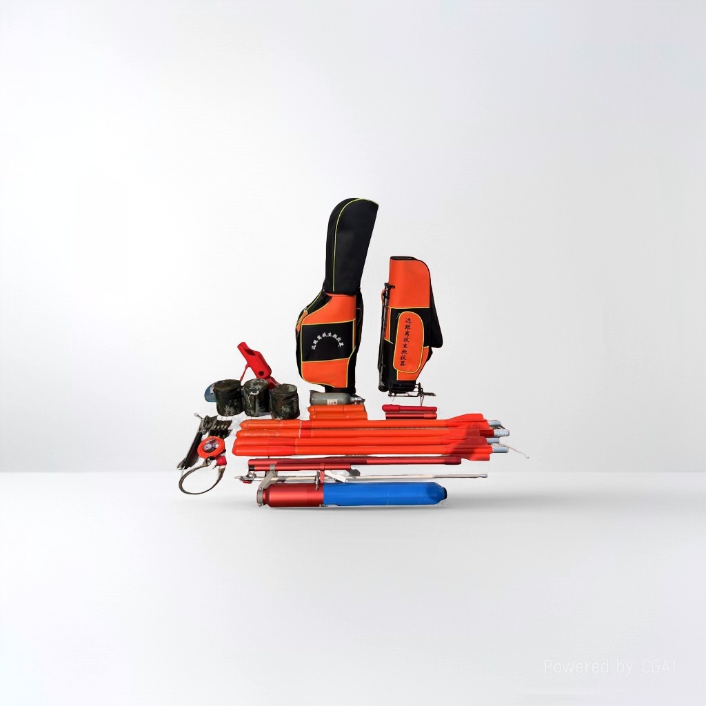 The orange and black long-distance life-saving thrower set includes a backpack, long rod, gas cylinder, rope and accessories