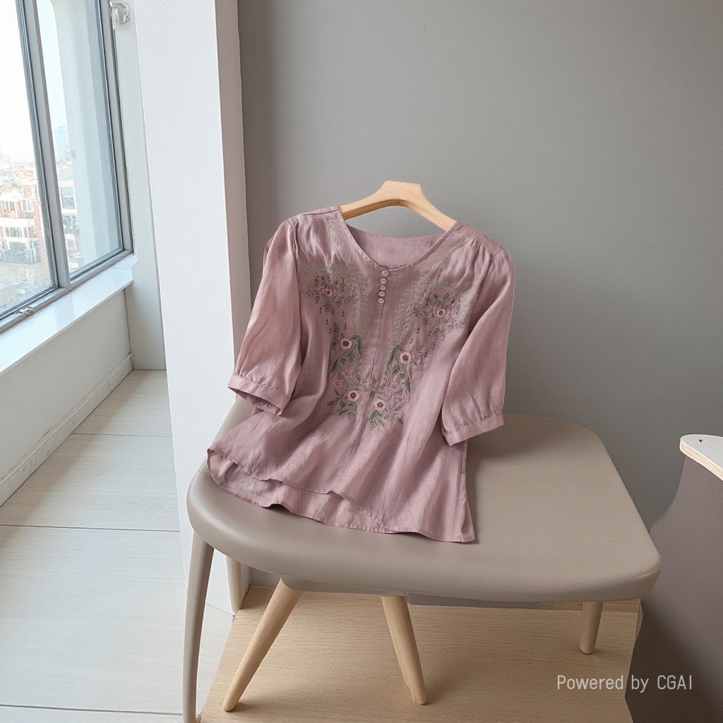 Summer new cotton and linen short-sleeved top, pullover, embroidered Chinese-style women's clothing, loose and slimming, cotton and linen T-shirt, versatile mini shirt 100426325 details Picture