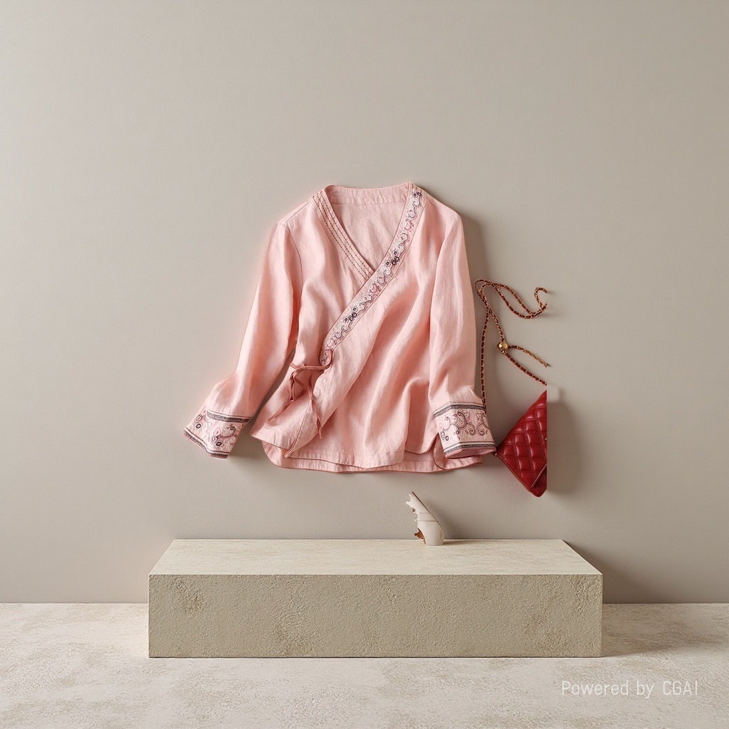Summer ethnic-style women's clothing, cotton and linen slanted embroidered top, artistic retro loose, improved Hanfu, ancient-style tea and Zen dress 101204130 Specification image