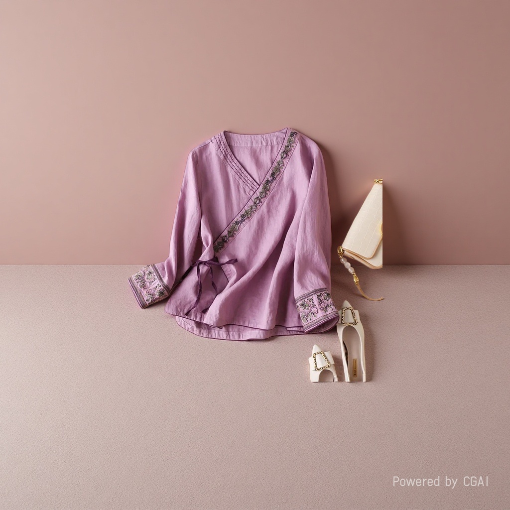 Summer ethnic-style women's clothing, cotton and linen slanted embroidered top, artistic retro loose, improved Hanfu, ancient-style tea and Zen dress 101204130 details Picture