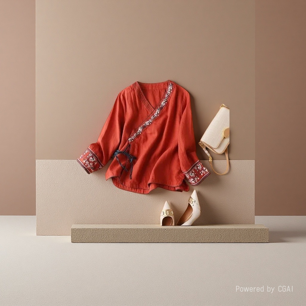Summer ethnic-style women's clothing, cotton and linen slanted embroidered top, artistic and retro loose, improved Hanfu, ancient-style tea and Zen dress Specification image