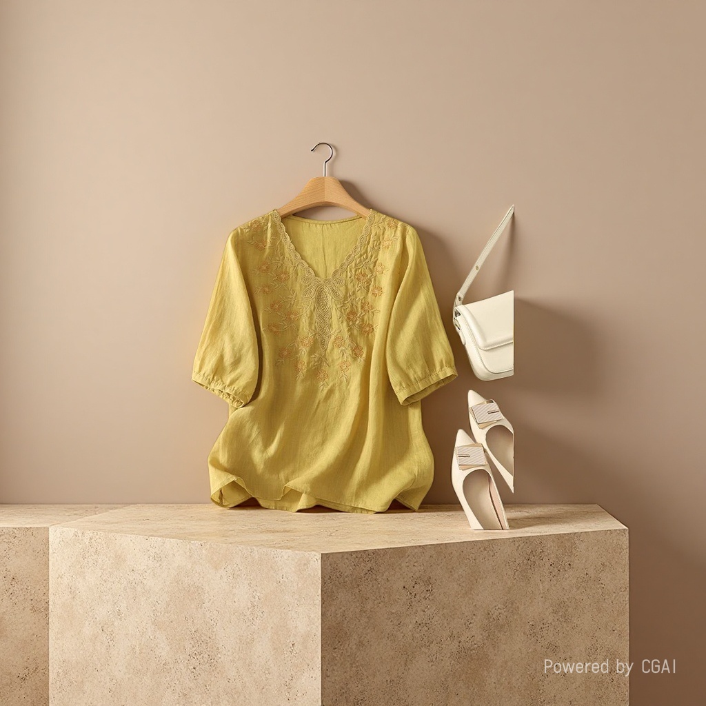 Cotton and linen loose, slimming and concealing flesh heavy embroidery short-sleeved top, new spring and summer versatile pullover T-shirt for women, 101814941 details Picture