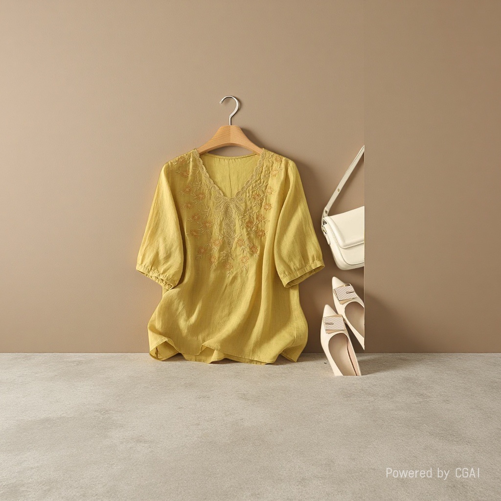 Cotton and linen loose, slimming and conceal, heavy embroidery short-sleeved top, new spring and summer versatile pullover T-shirt for women, 101739032