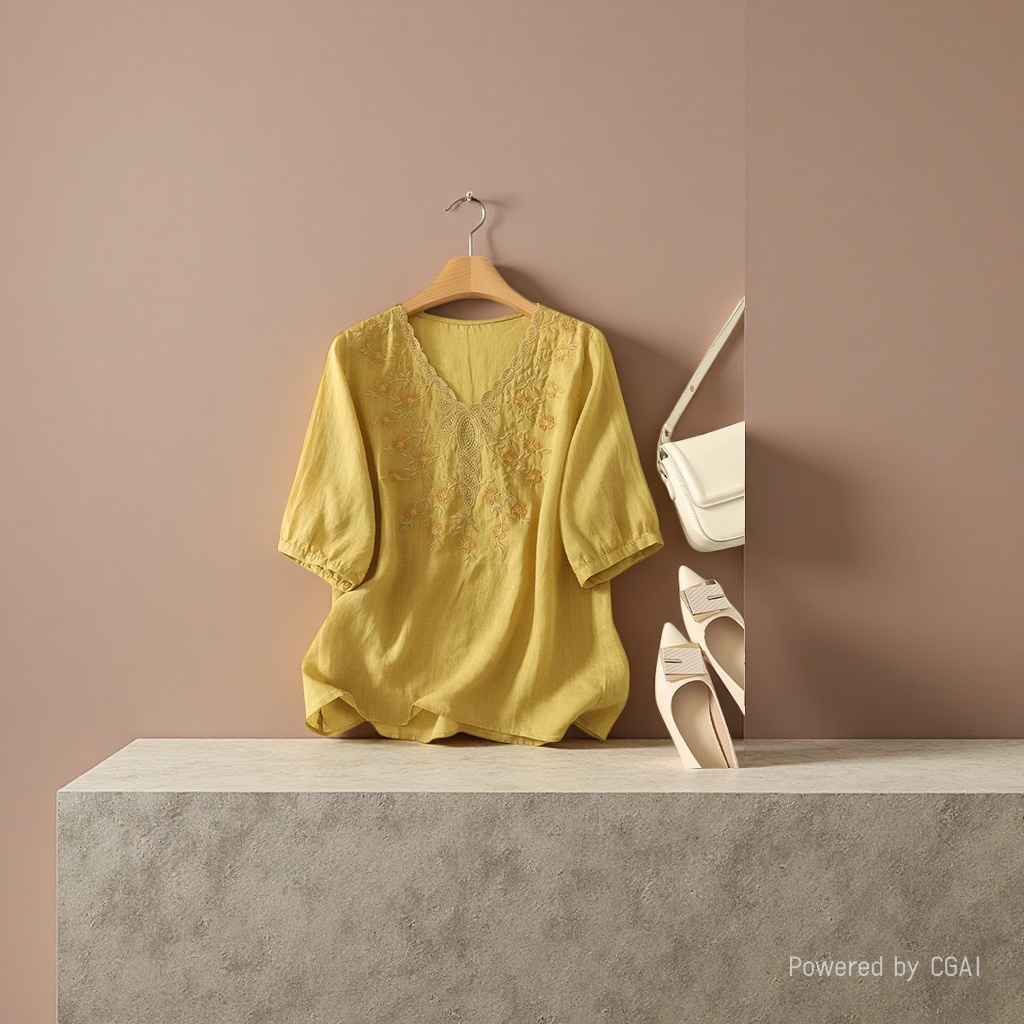 Cotton and linen loose, slimming and conceal, heavy embroidery short-sleeved top, new spring and summer versatile pullover T-shirt for women, 101739032 Application Scenario
