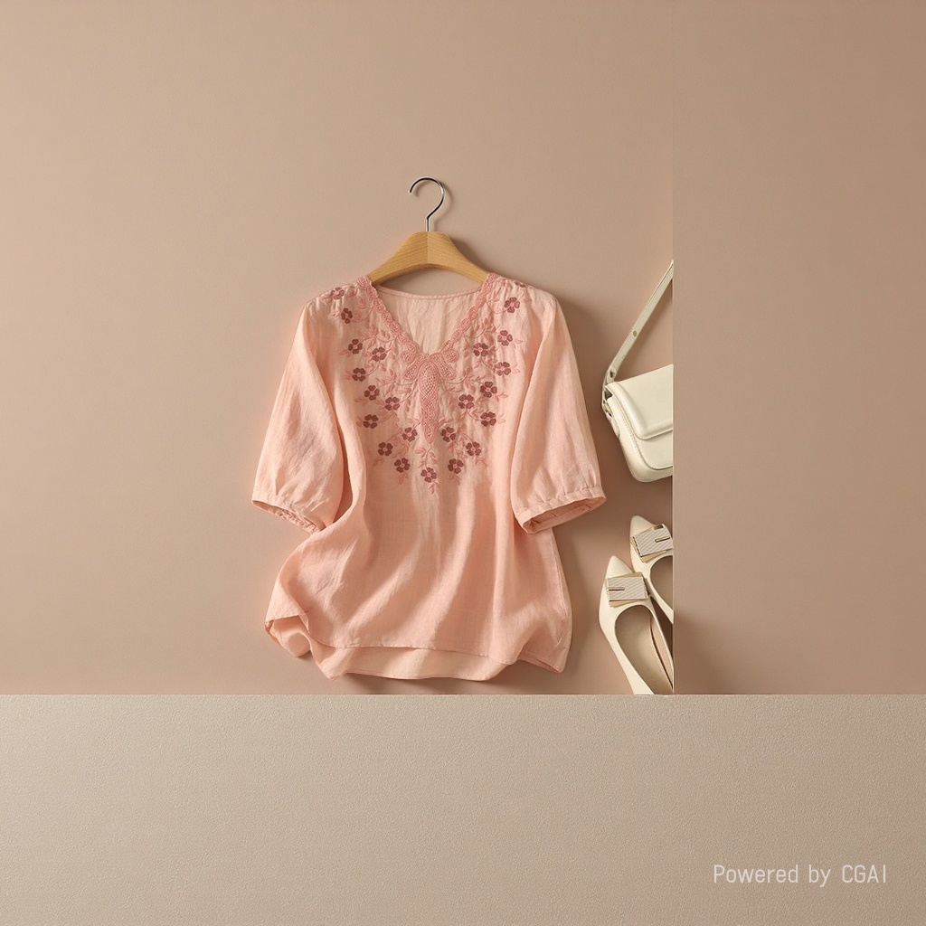 Cotton and linen loose, slimming and concealing flesh heavy embroidery short-sleeved top, new spring and summer versatile pullover T-shirt for women's wear