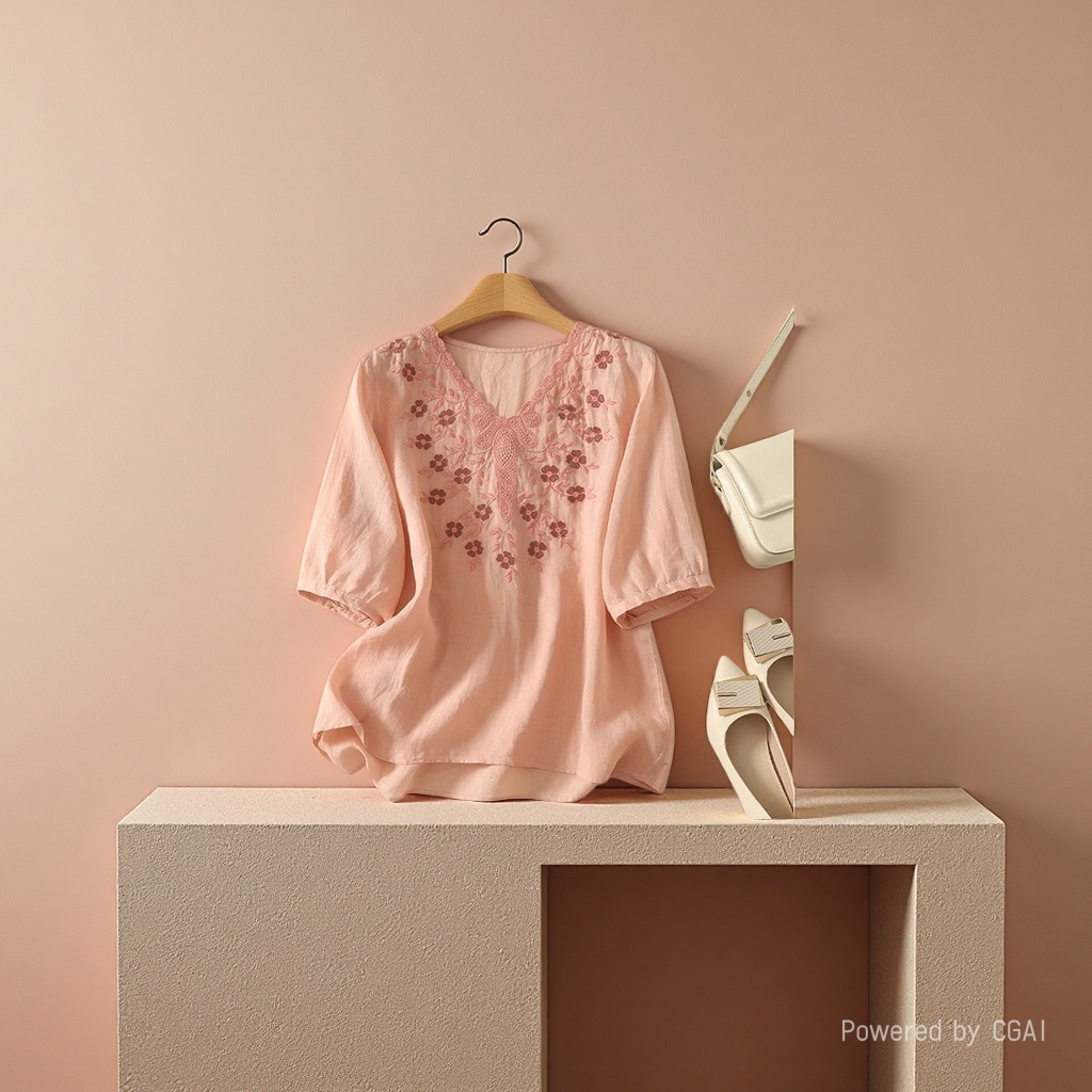 Cotton and linen loose, slimming and concealing flesh heavy embroidery short-sleeved top, new spring and summer versatile pullover T-shirt for women, 101814941 Specification image