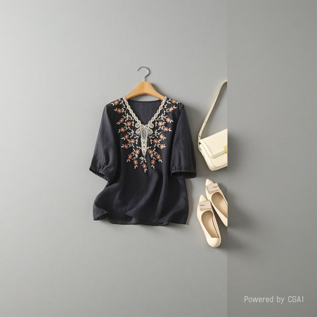 Cotton and linen loose, slimming and concealing flesh heavy embroidery short-sleeved top, new spring and summer versatile pull-up T-shirt for women, 102320408 Specification image