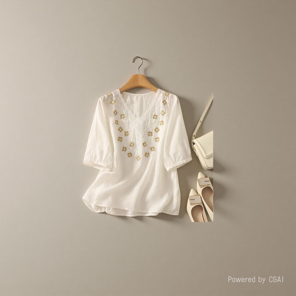 Cotton and linen loose, slimming and concealing flesh heavy embroidery short-sleeved top, new spring and summer versatile pullover T-shirt for women, 102155898