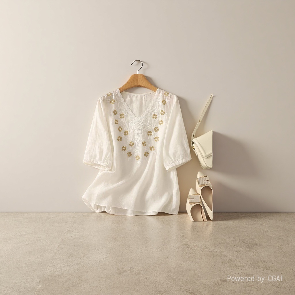 Cotton and linen loose, slimming and concealing flesh heavy embroidery short-sleeved top, new spring and summer versatile pull-up T-shirt for women, 102320408 Application Scenario