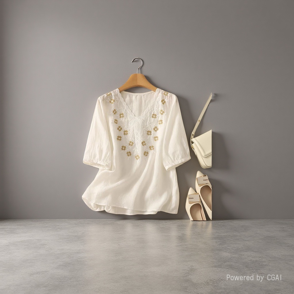 Cotton and linen loose, slimming and concealing flesh heavy embroidery short-sleeved top, new spring and summer versatile pullover T-shirt for women, 102155898 details Picture