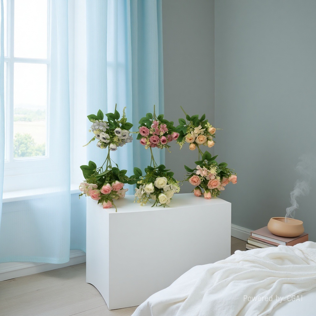 وغرفة المعيشة مزخرفة بالزهور المزيفة، حيث تُوضع لوحات زهور بخمسة أشواك Specification image