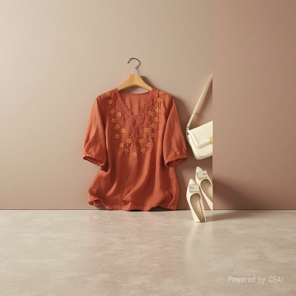 Cotton and linen loose, slimming and concealing flaws, heavy embroidery short-sleeved top, new spring and summer versatile pull-up T-shirt for women, 103442111