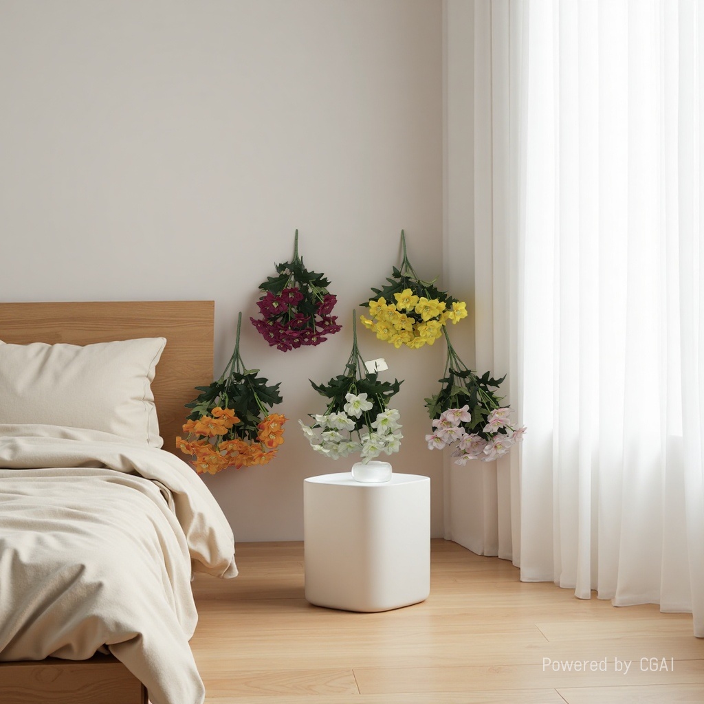 وغرفة المعيشة مزخرفة بالزهور المزيفة، حيث تُقام الزهور المزيفة Specification image