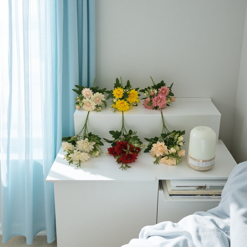 The living room is decorated with artificial flowers and artificial flowers. The venue is arranged with 6-pronged spring dahlias and wedding artificial flowers