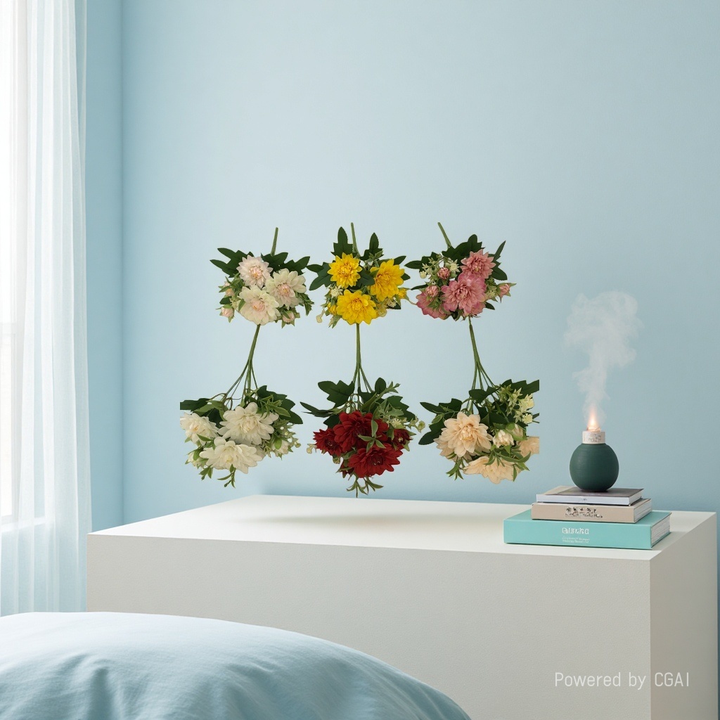The living room is decorated with artificial flowers and artificial flowers. The venue is arranged with 6-pronged spring dahlias and wedding artificial flowers details Picture