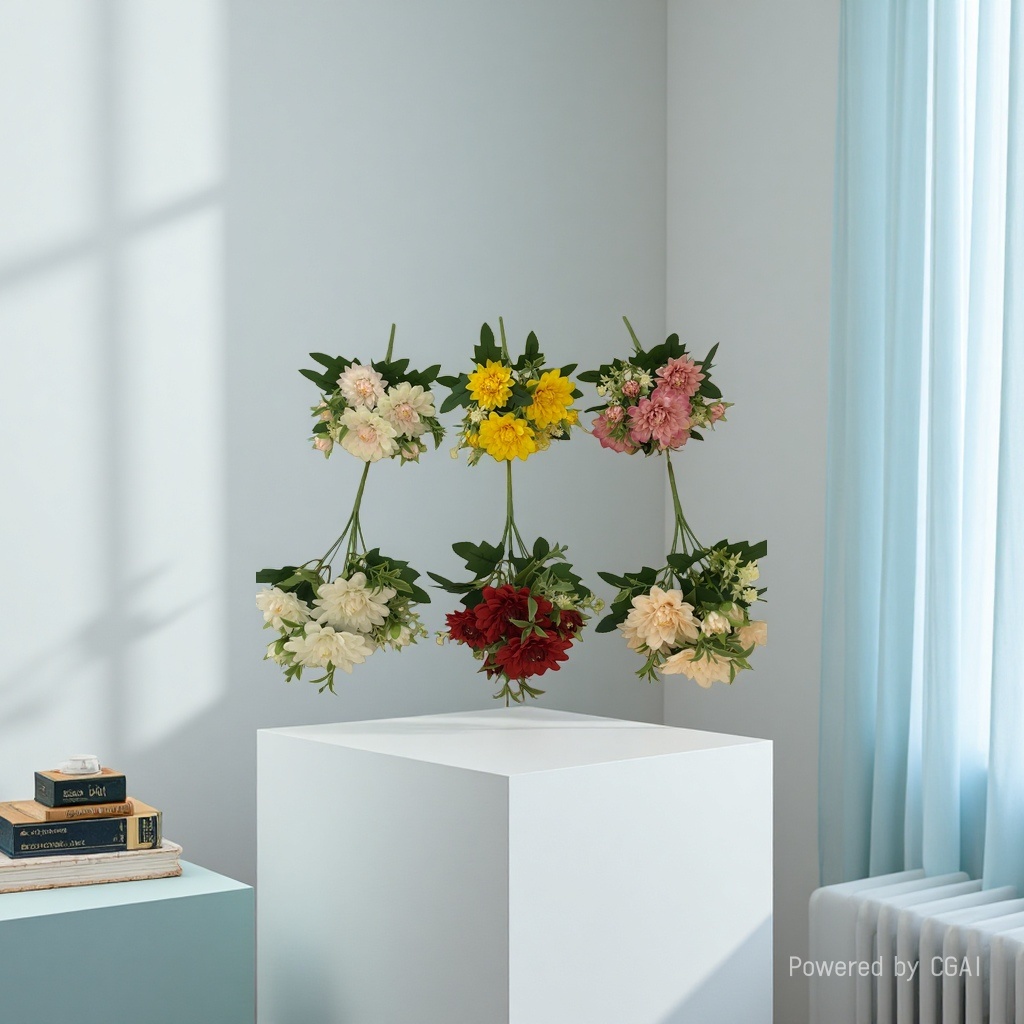 The living room is decorated with artificial flowers and artificial flowers. The venue is arranged with 6-pronged spring dahlias and wedding artificial flowers Application Scenario