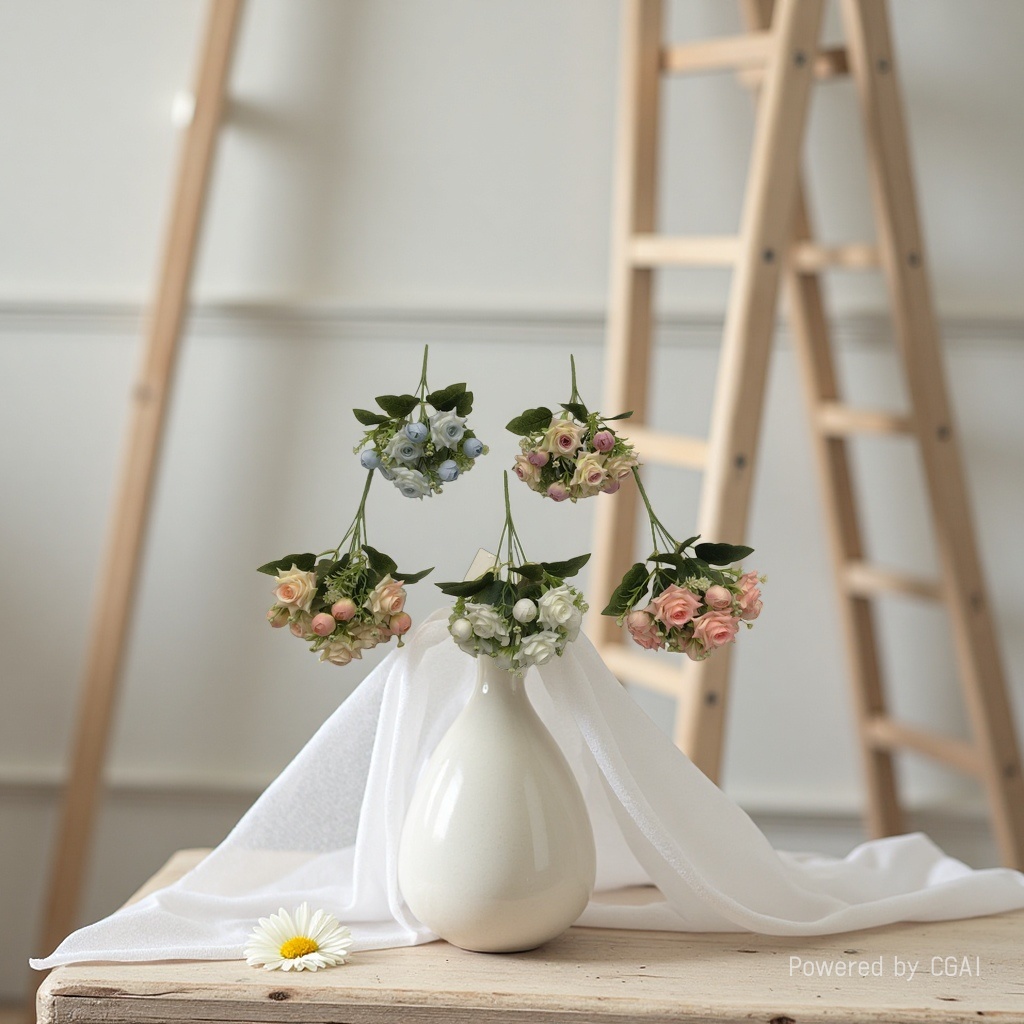 Living room decoration with artificial flowers, artificial flower arrangement, 5-fork Diana rose wedding artificial flowers, artificial flowers details Picture
