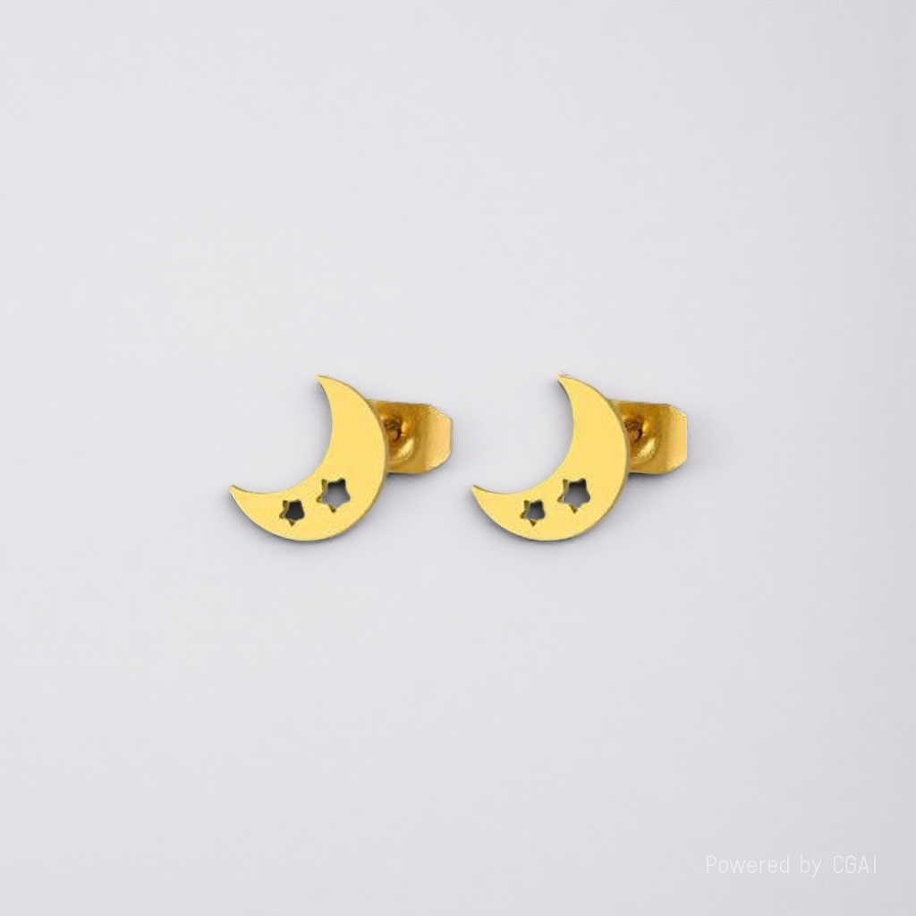 Golden crescent star pearl ear stud set, bio-ceramic ear sticks, earrings and ear needles details Picture