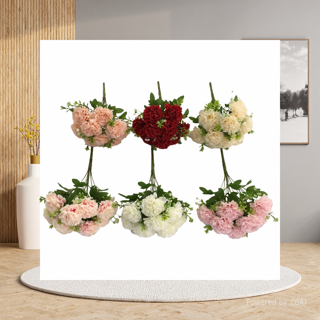 The living room is decorated with artificial flowers and artificial flowers. The venue is arranged with 9 carnation artificial flowers for the wedding