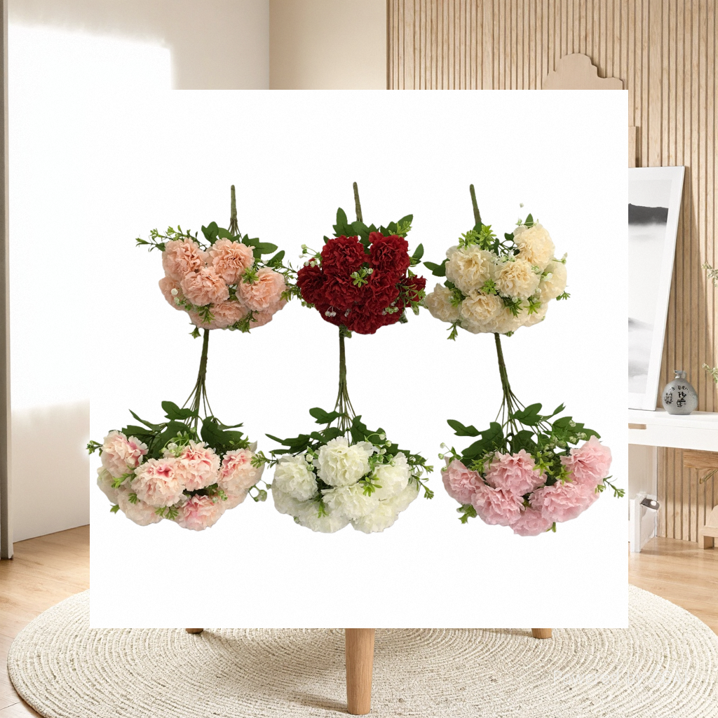 The living room is decorated with artificial flowers and artificial flowers. The venue is arranged with 9 carnation artificial flowers for the wedding details Picture