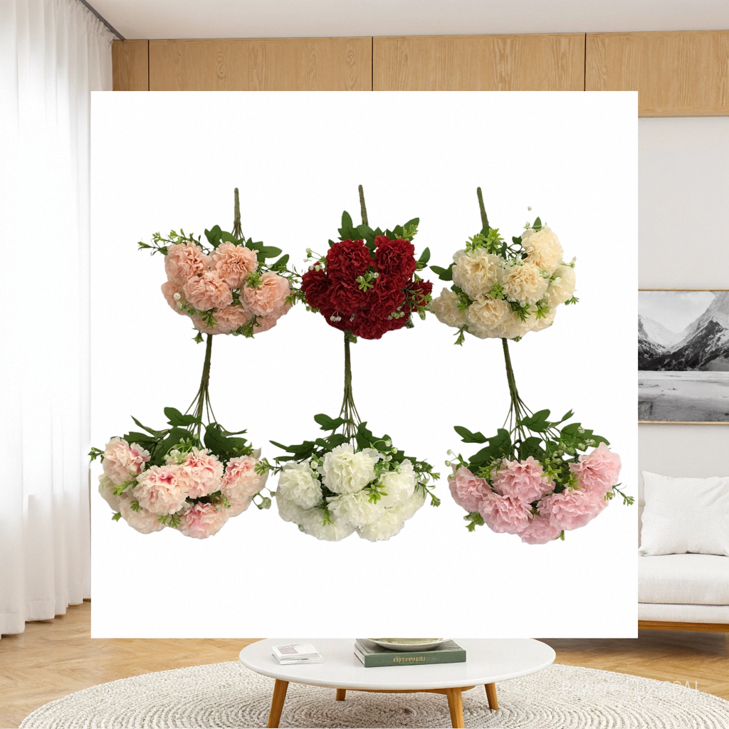 The living room is decorated with artificial flowers and artificial flowers. The venue is arranged with 9 carnation artificial flowers for the wedding Specification image