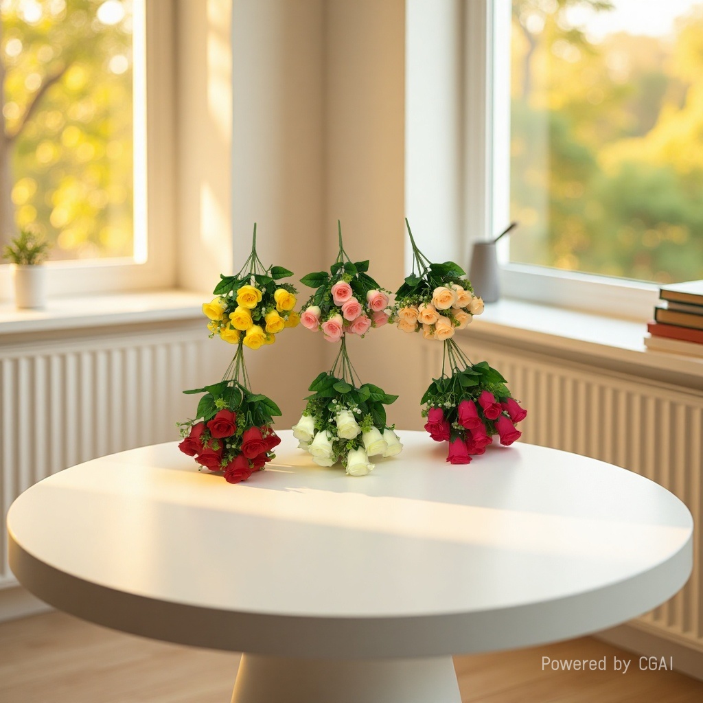 The living room is decorated with artificial flowers. The venue is set up with 10 pearl rose wedding artificial flowers Application Scenario