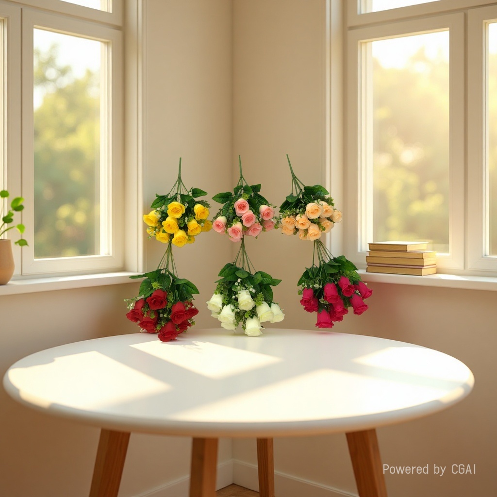 The living room is decorated with artificial flowers. The venue is set up with 10 pearl rose wedding artificial flowers Specification image
