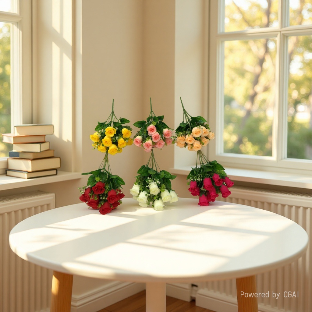 The living room is decorated with artificial flowers. The venue is set up with 10 pearl rose wedding artificial flowers details Picture