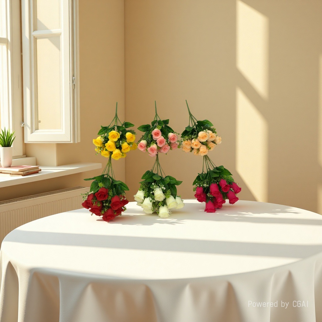 The living room is decorated with artificial flowers. The venue is set up with 10 pearl rose wedding artificial flowers