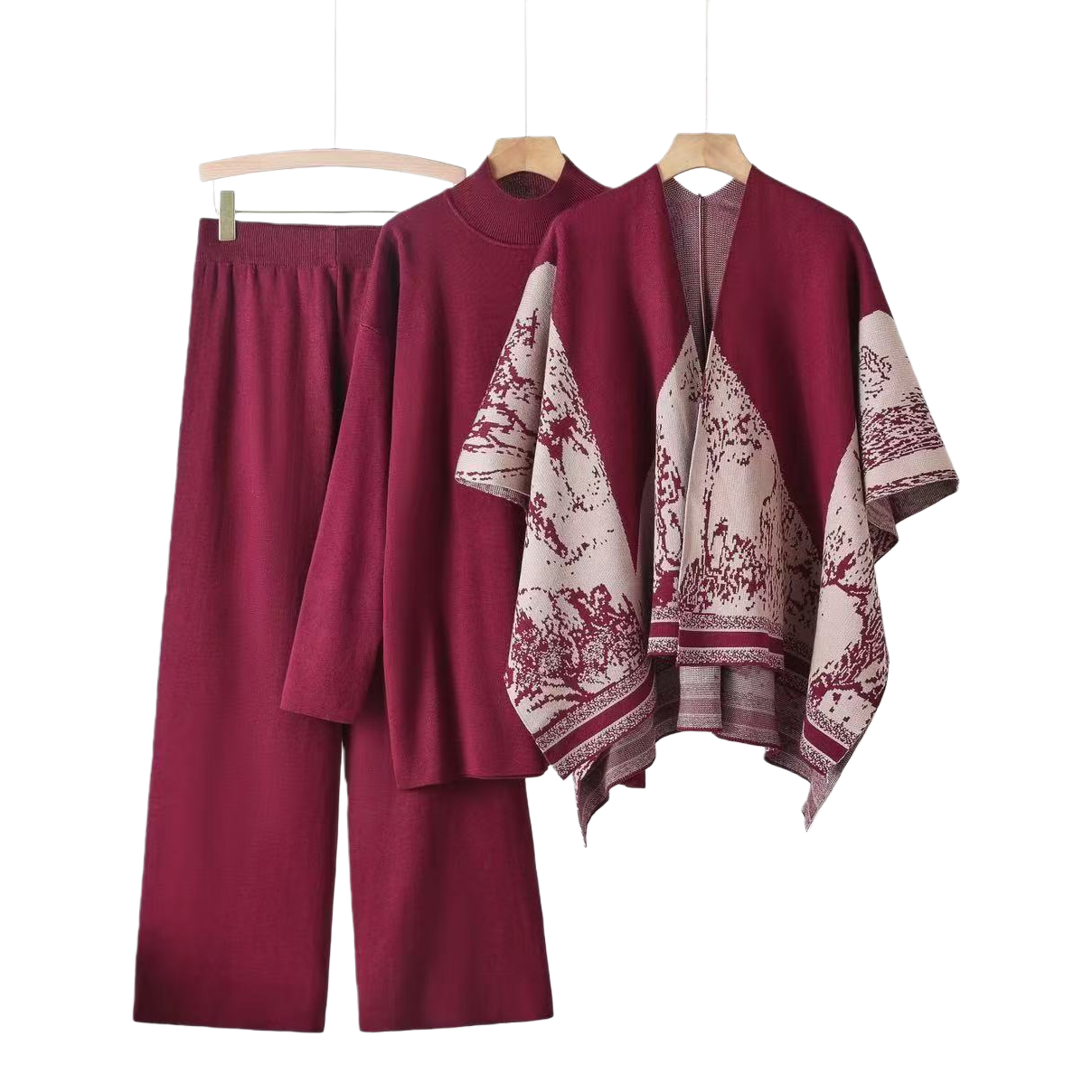 A new Chinese-style outerwear casual wide-leg pants, high-neck base layer top, three-piece knitted cover-up suit top Item Picture