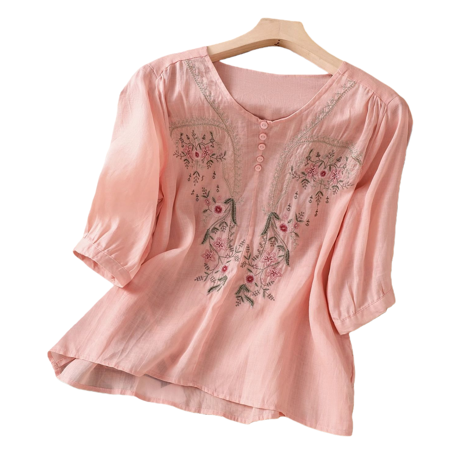 Summer new cotton and linen short-sleeved top, pull-over, embroidered Chinese-style women's clothing, loose and slimming, cotton and linen T-shirt, versatile mini shirt 100349904 Item Picture