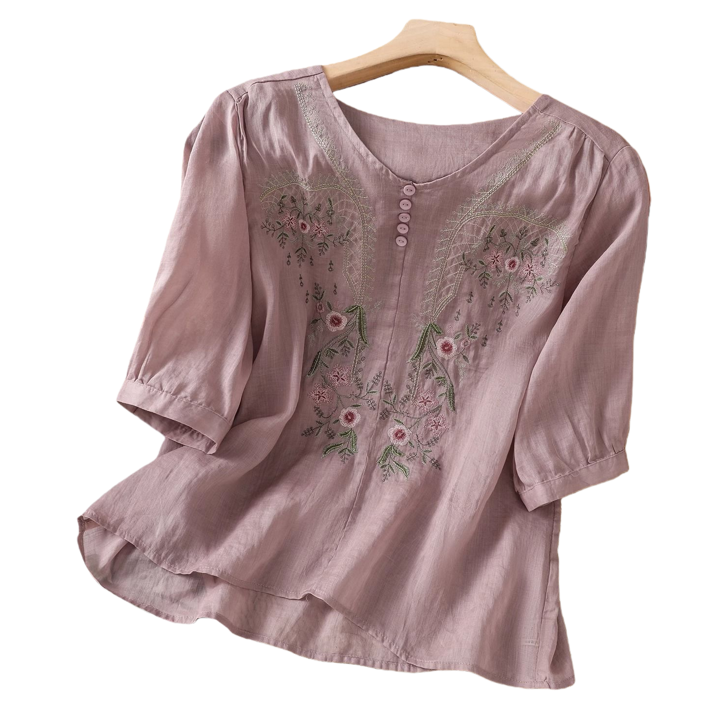 Summer new cotton and linen short-sleeved top, pullover, embroidered Chinese-style women's clothing, loose and slimming, cotton and linen T-shirt, versatile mini shirt 100426325 Item Picture