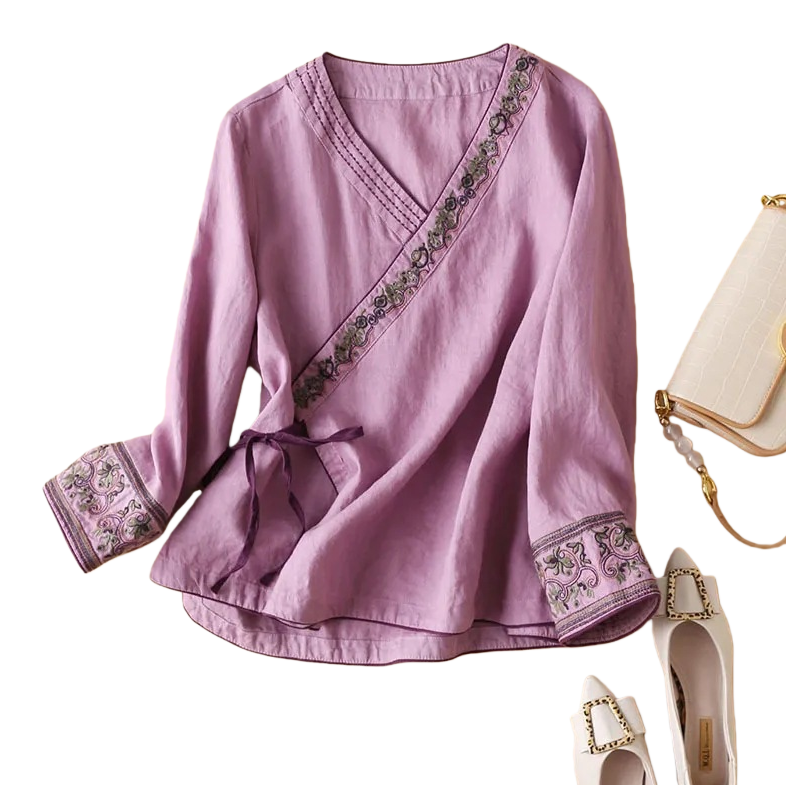 Summer ethnic-style women's clothing, cotton and linen slanted embroidered top, artistic and retro loose, improved Hanfu, ancient-style tea and Zen dress Item Picture