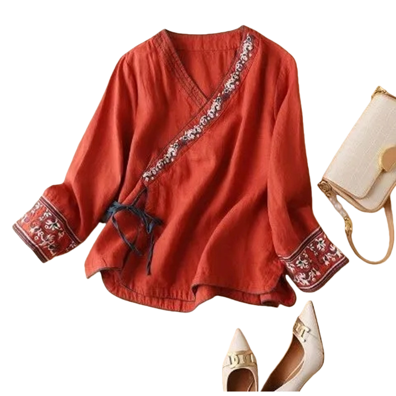 Summer ethnic-style women's clothing, cotton and linen slanted embroidered top, artistic retro loose, improved Hanfu, ancient-style tea and Zen dress 101204130 Item Picture