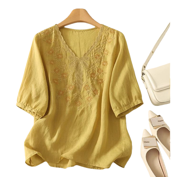 Cotton and linen loose, slimming and conceal, heavy embroidery short-sleeved top, new spring and summer versatile pullover T-shirt for women, 101739032 Item Picture
