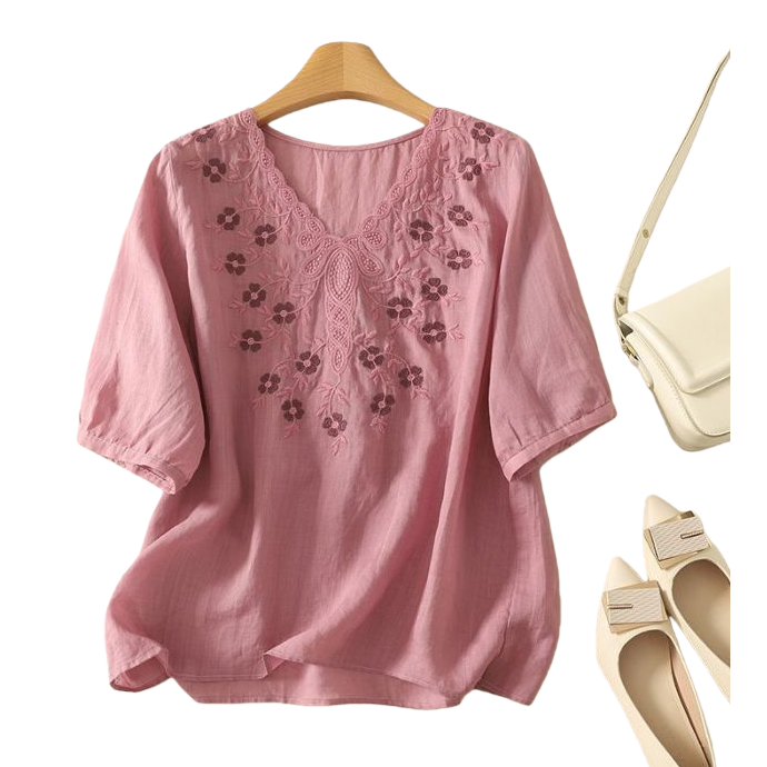 Cotton and linen loose, slimming and concealing flesh heavy embroidery short-sleeved top, new spring and summer versatile pullover T-shirt for women, 101814941 Item Picture