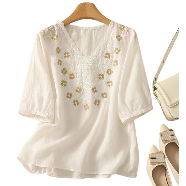 Cotton and linen loose, slimming and concealing flesh heavy embroidery short-sleeved top, new spring and summer versatile pullover T-shirt for women, 102155898 Item Picture