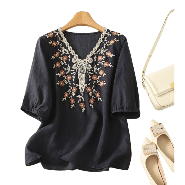 Cotton and linen loose, slimming and concealing flesh heavy embroidery short-sleeved top, new spring and summer versatile pull-up T-shirt for women, 102350250 Item Picture