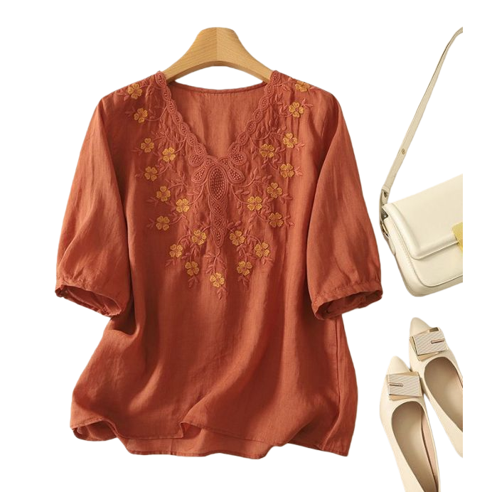Cotton and linen loose, slimming and concealing flaws, heavy embroidery short-sleeved top, new spring and summer versatile pull-up T-shirt for women, 103442111 Item Picture