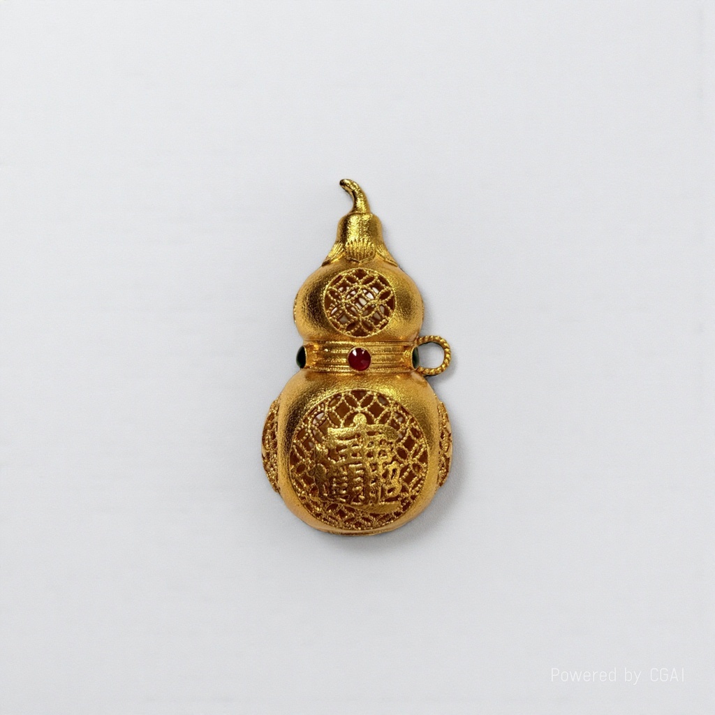 金色葫芦形镂空福字吊坠 红绿宝石点缀 不锈钢纯沙金和田玉宗教饰品国潮