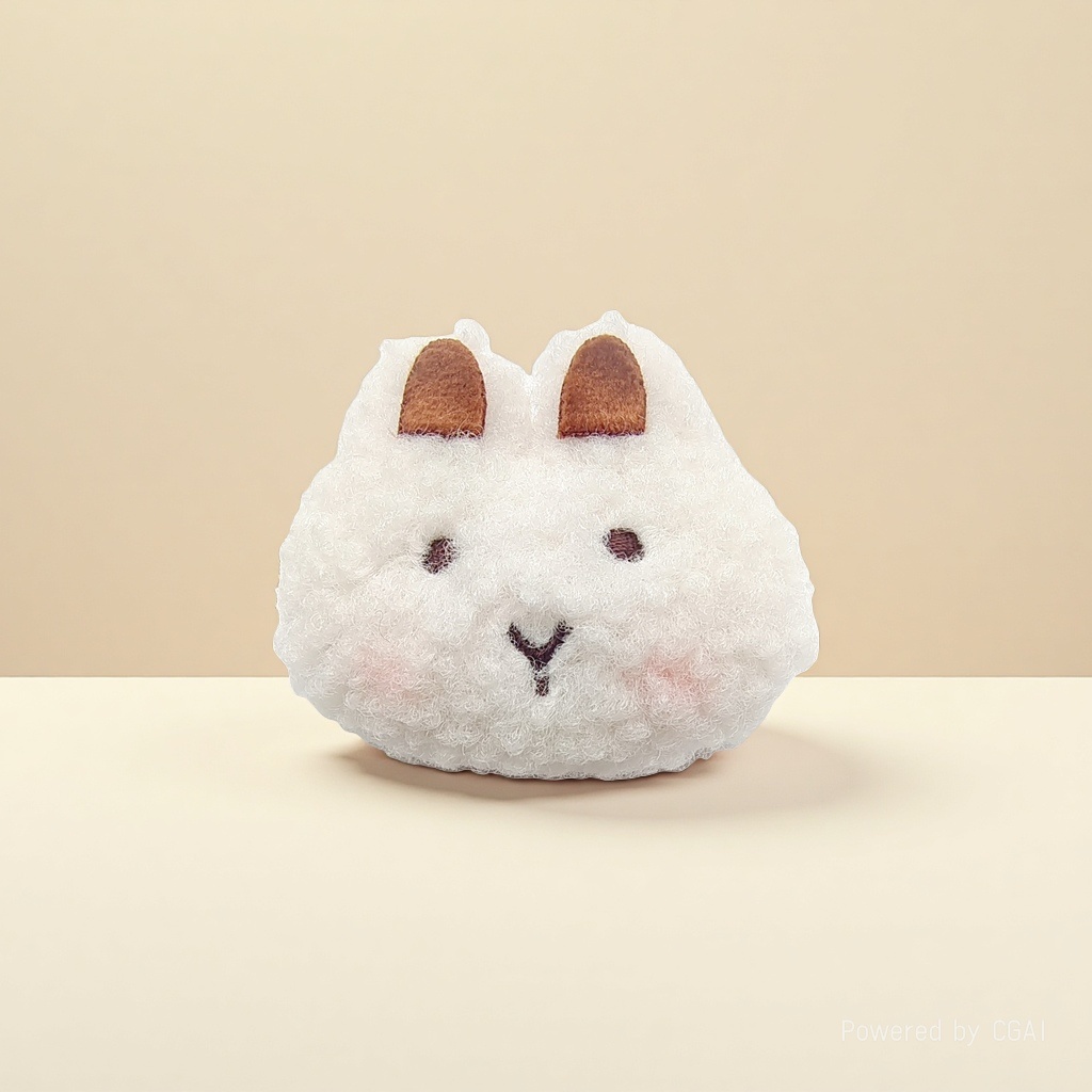 White plush rabbit head doll with brown ears, eyes and Y-shaped mouth cartoon accessory Application Scenario