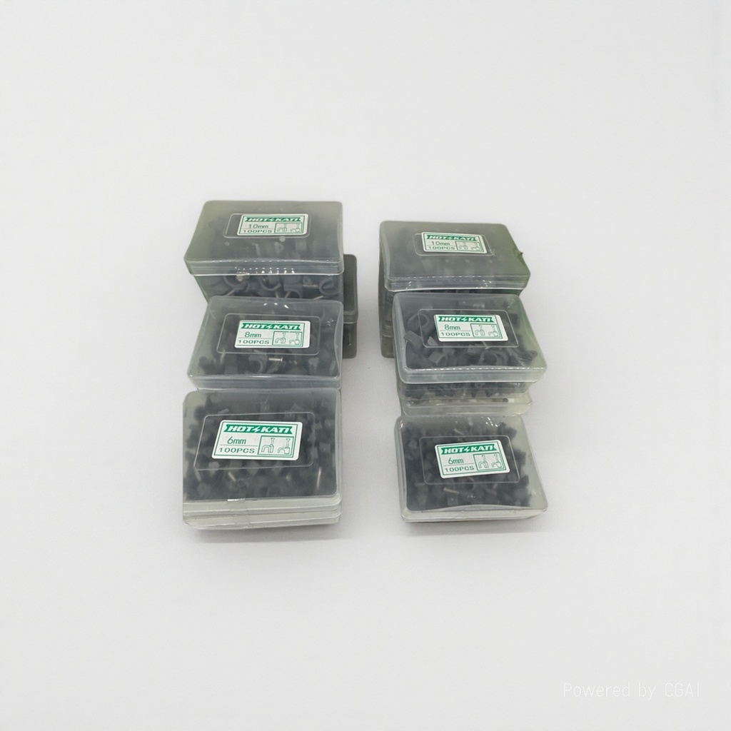 Transparent plastic box containing black wire clips and wire clips