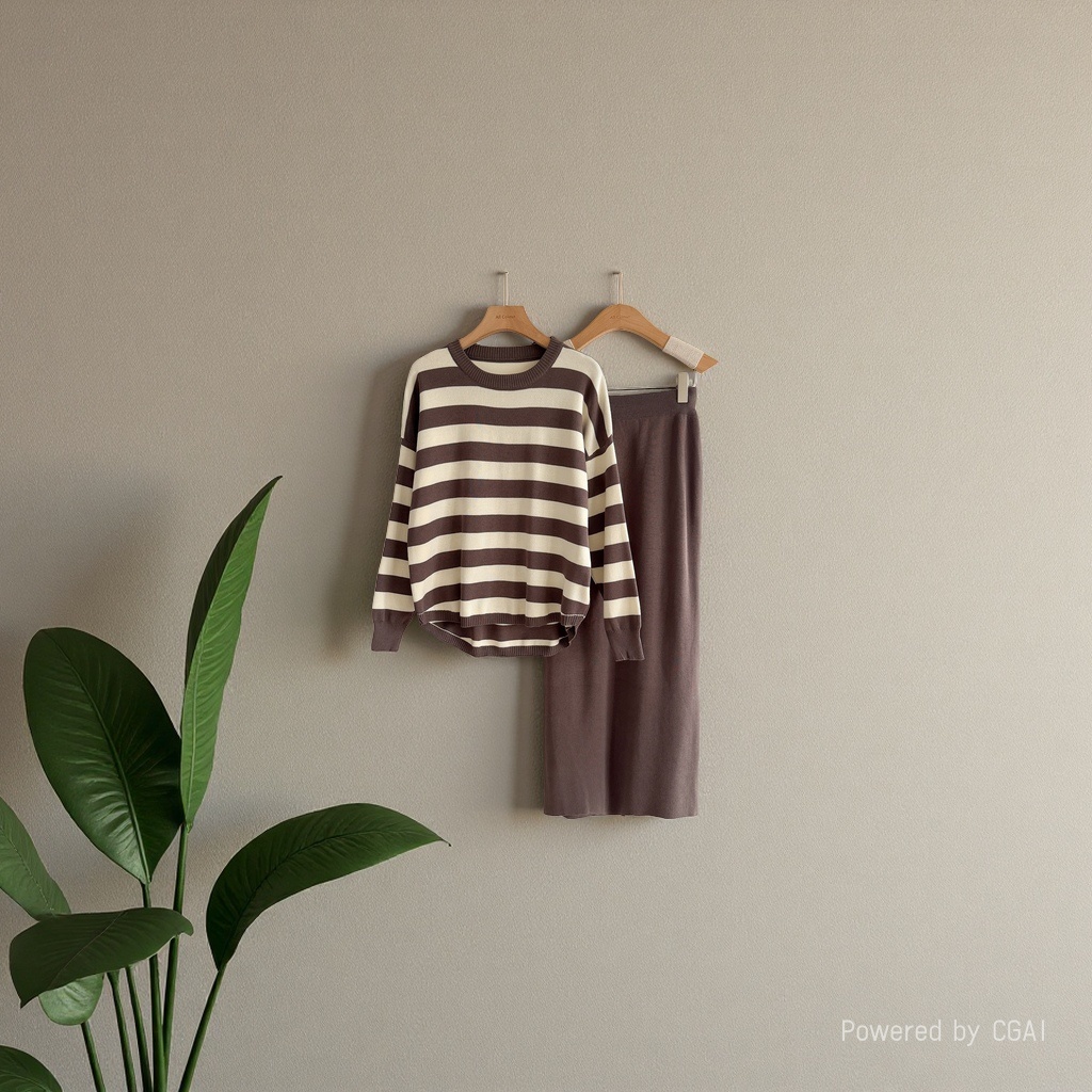 Women's fashion set: Long-sleeved T-shirt + high-waisted skirt, knitted two-piece set, autumn and winter outfits for women 104153361