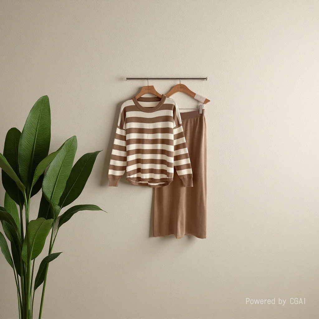 Women's fashion set: Long-sleeved T-shirt + high-waisted skirt, knitted two-piece set, autumn and winter outfits for women 104321551