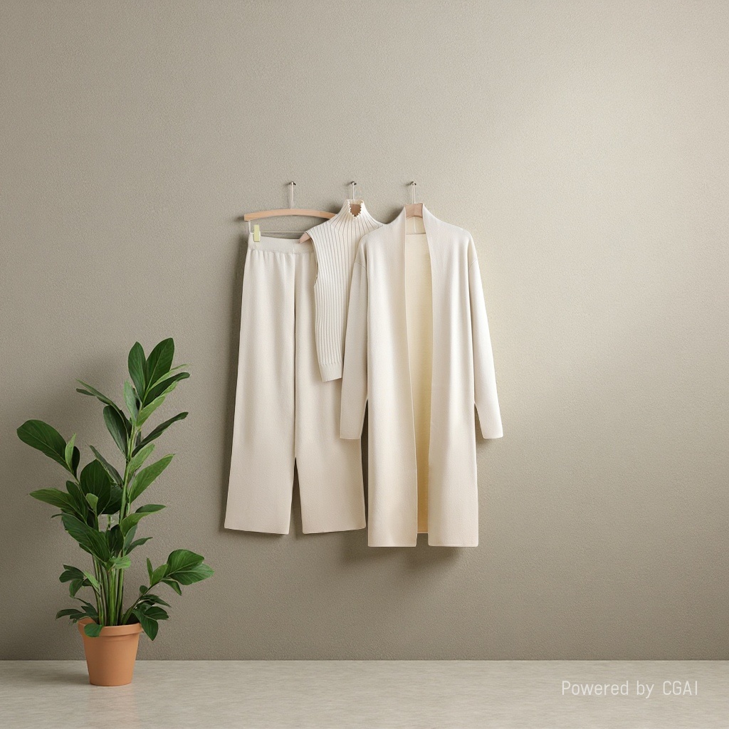 A best-selling solid-color three-piece knitted set for women: sleeveless vest, cardigan and pants