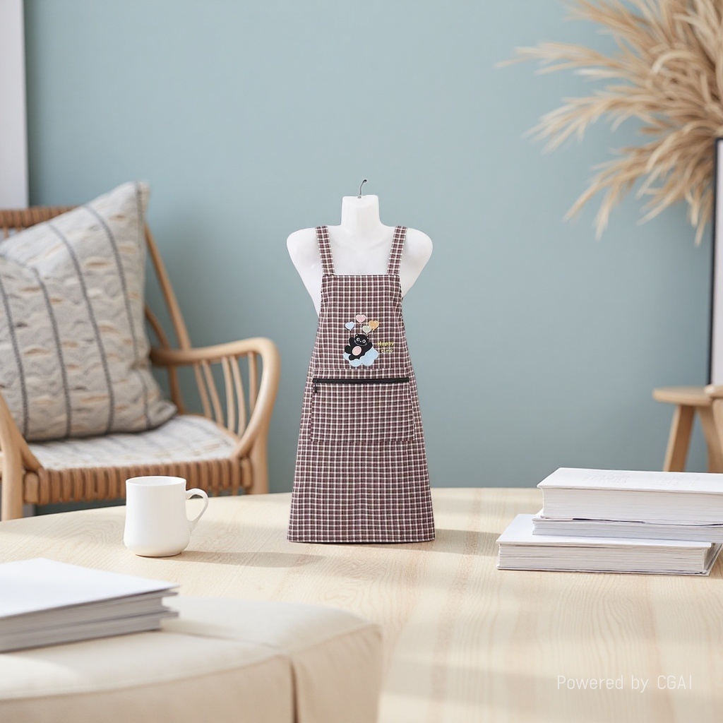 New style of work clothes for office use, featuring checkered Korean buttons, kitchen and household chores, cotton shoulder straps, anti-stain and breathable, little bear heart, balloon embroidery Specification image