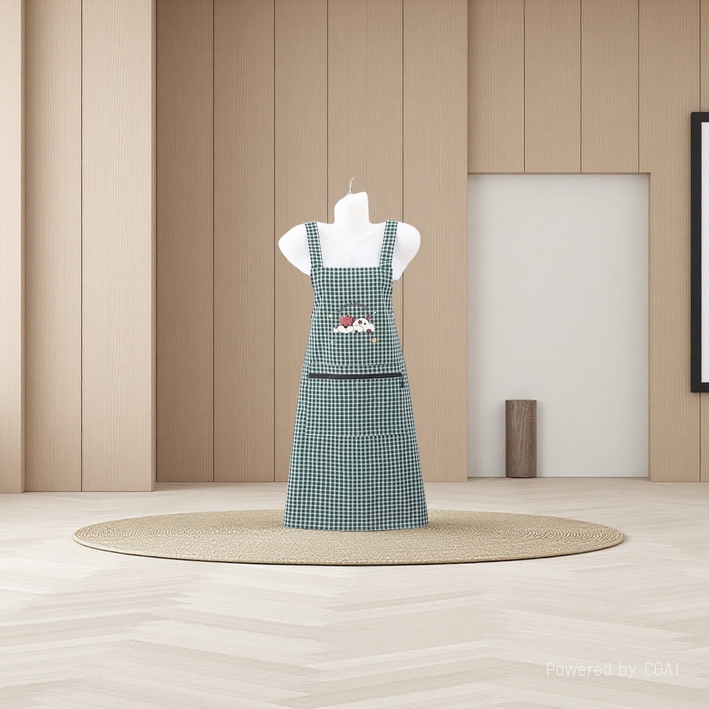 New cartoon embroidered cotton apron, kitchen cooking, home straps, stain-proof, dust-proof, breathable zipper pocket straps, apron, dirt-resistant, work clothes, waistband details Picture