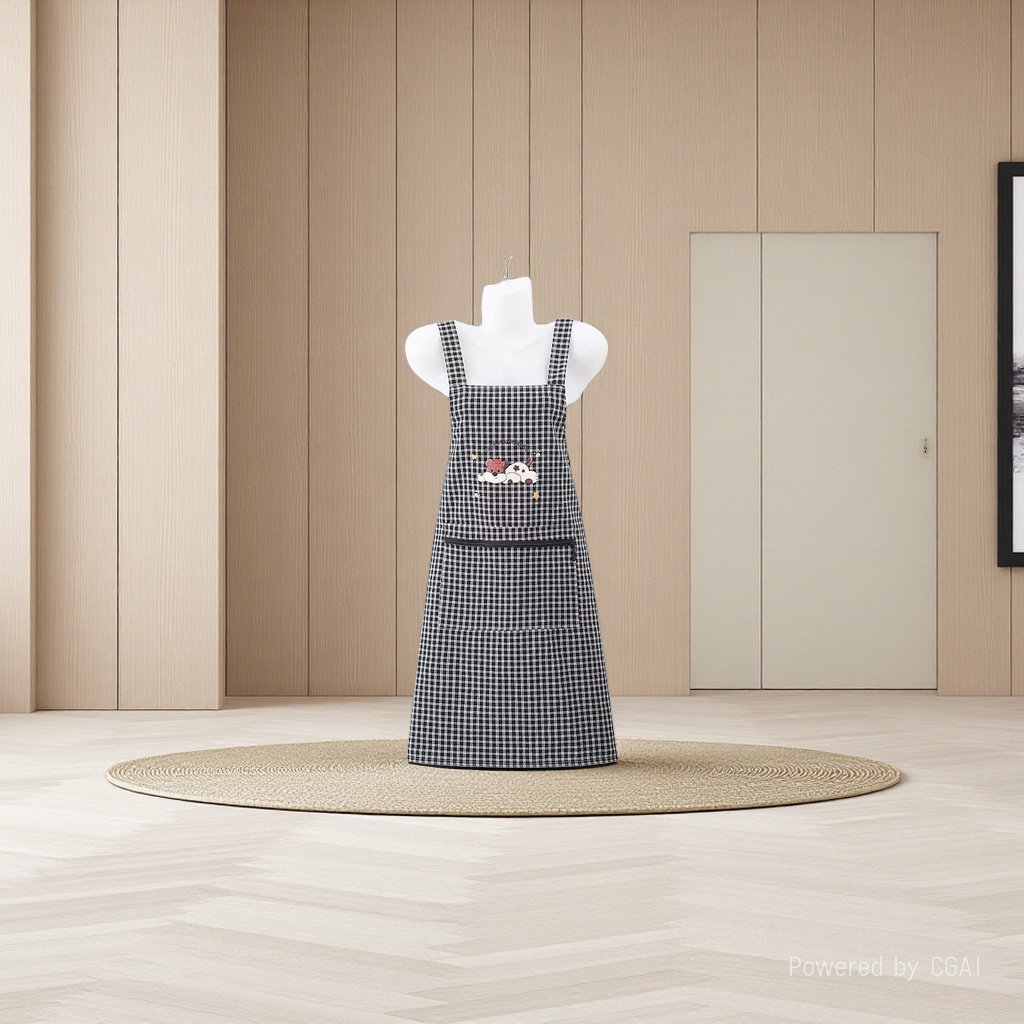 New cartoon embroidered cotton apron, kitchen cooking, home straps, stain-proof, dust-proof, breathable zipper pocket straps, apron, dirt-resistant, work clothes, waistband