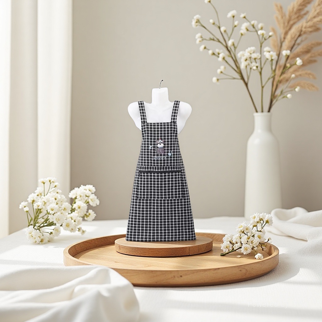 New embroidered cartoon cotton checkered shoulder strap apron for kitchen, cooking, home use, stain-proof, dust-proof, breathable zipper pocket shoulder strap apron, dirt-resistant work clothes, waist wrap