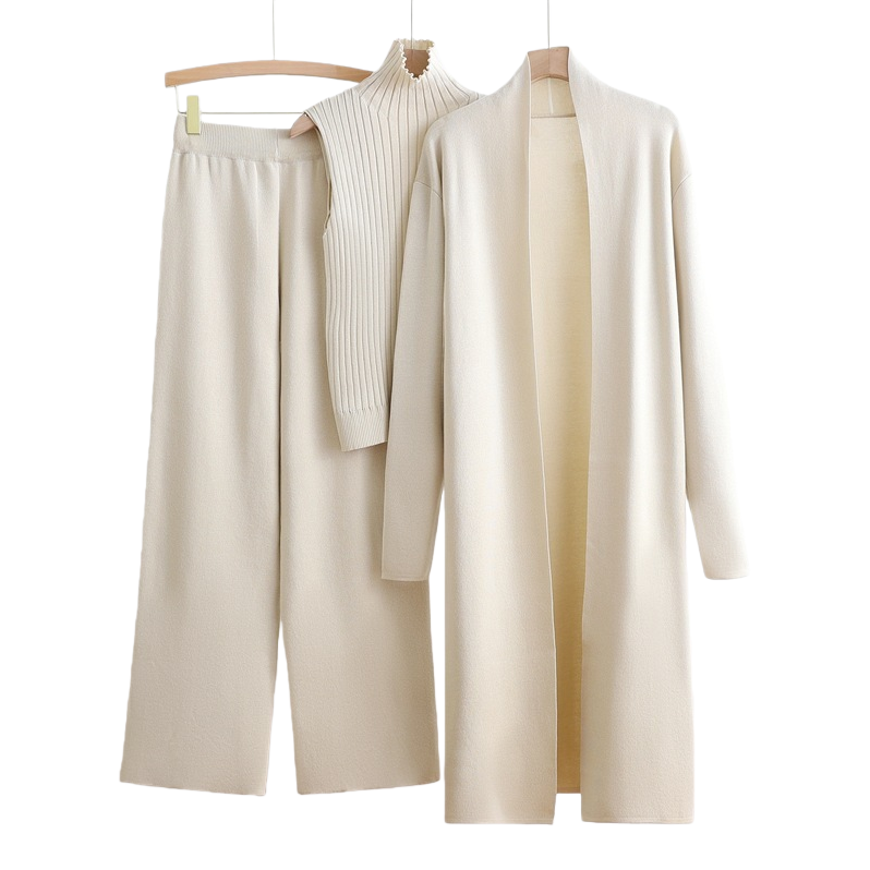 A best-selling solid-color three-piece knitted set for women: sleeveless vest, cardigan and pants Item Picture
